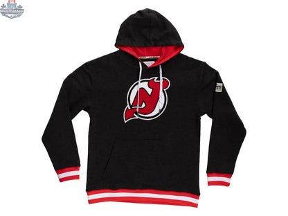 Black New Jersey Devils hoodie with Muskoka design by Calhoun Surf N' Skate, featuring team logo and detailed graphics.