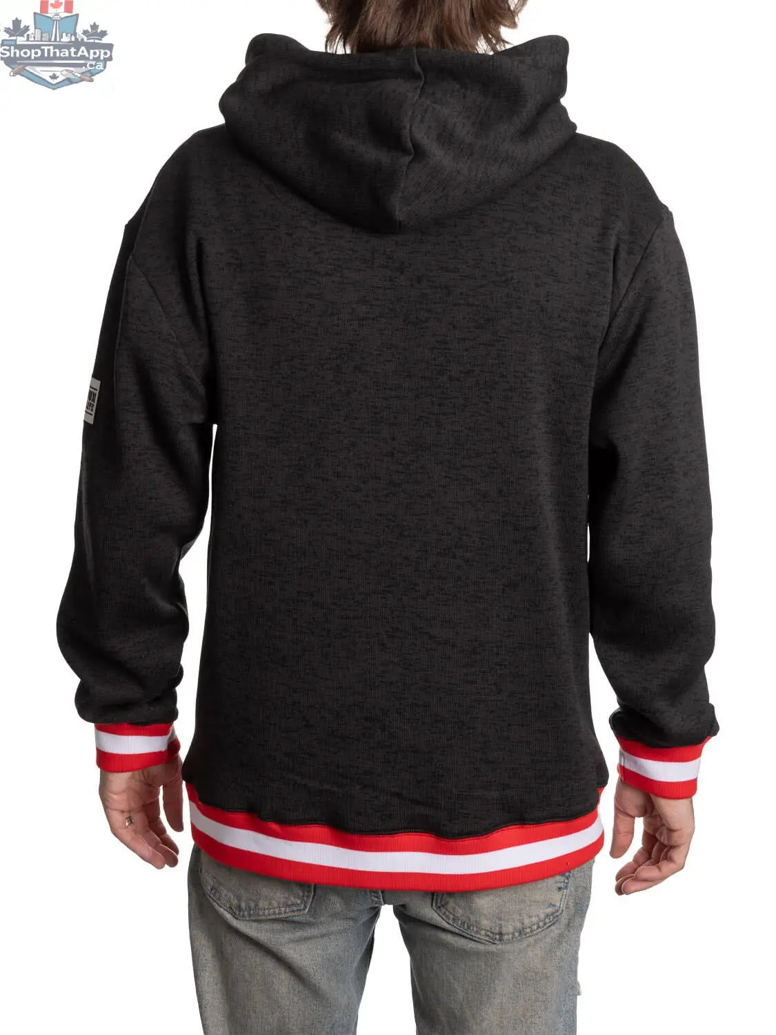 Black New Jersey Devils hoodie with Muskoka design, featuring team logo and detailed back artwork by Calhoun Surf N' Skate.