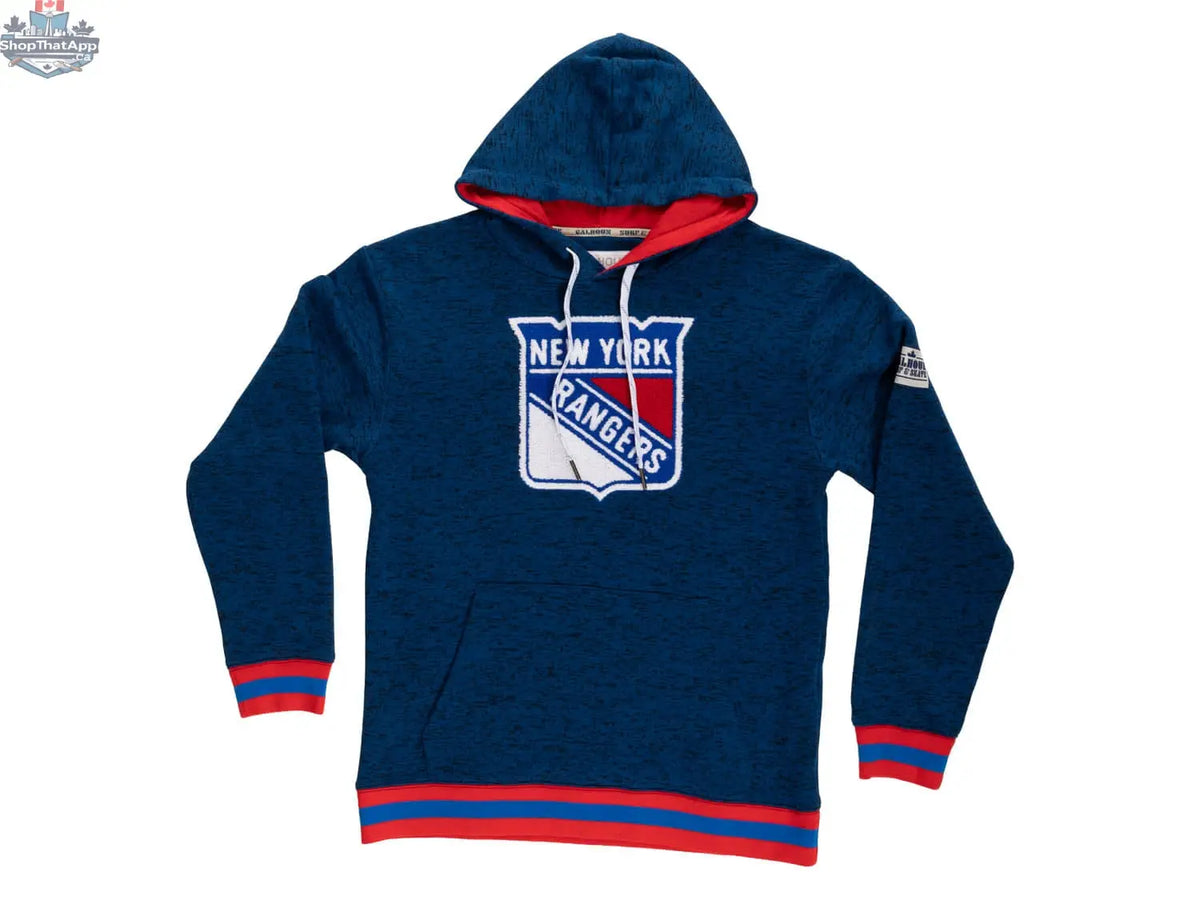 Navy New York Rangers hoodie by Calhoun Surf N' Skate featuring team logo and "Muskoka Navy" design, laid flat.