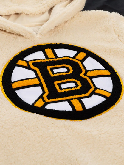 Boston Bruins ladies hoodie with cozy sherpa lining, featuring team logo and detailed stitching, by Calhoun Surf N' Skate.