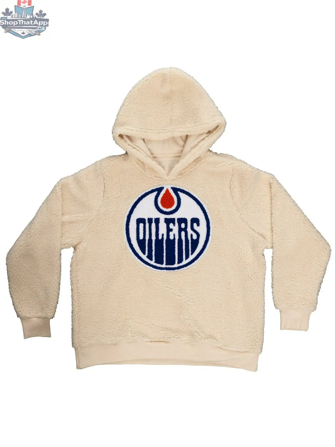 NHL Edmonton Oilers women's sherpa hoodie by Calhoun Surf N' Skate, featuring team logo and cozy fleece lining.