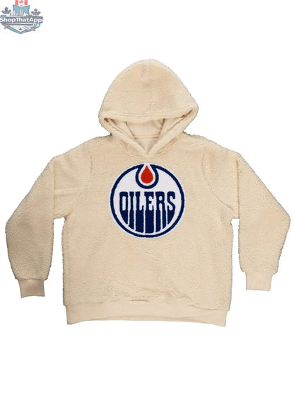 NHL Edmonton Oilers women's sherpa hoodie by Calhoun Surf N' Skate, featuring team logo and cozy fleece lining.