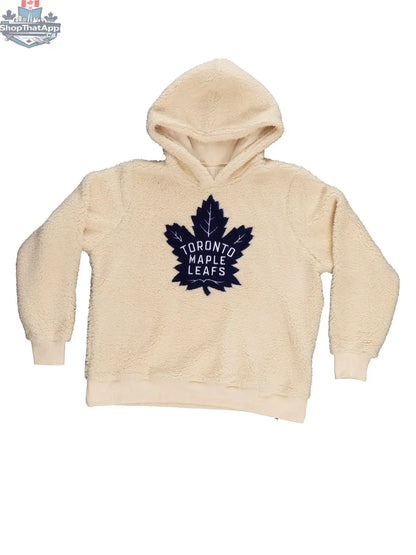 NHL Toronto Maple Leafs ladies sherpa hoodie by Calhoun Surf N' Skate featuring team logo and cozy fleece-lined interior.