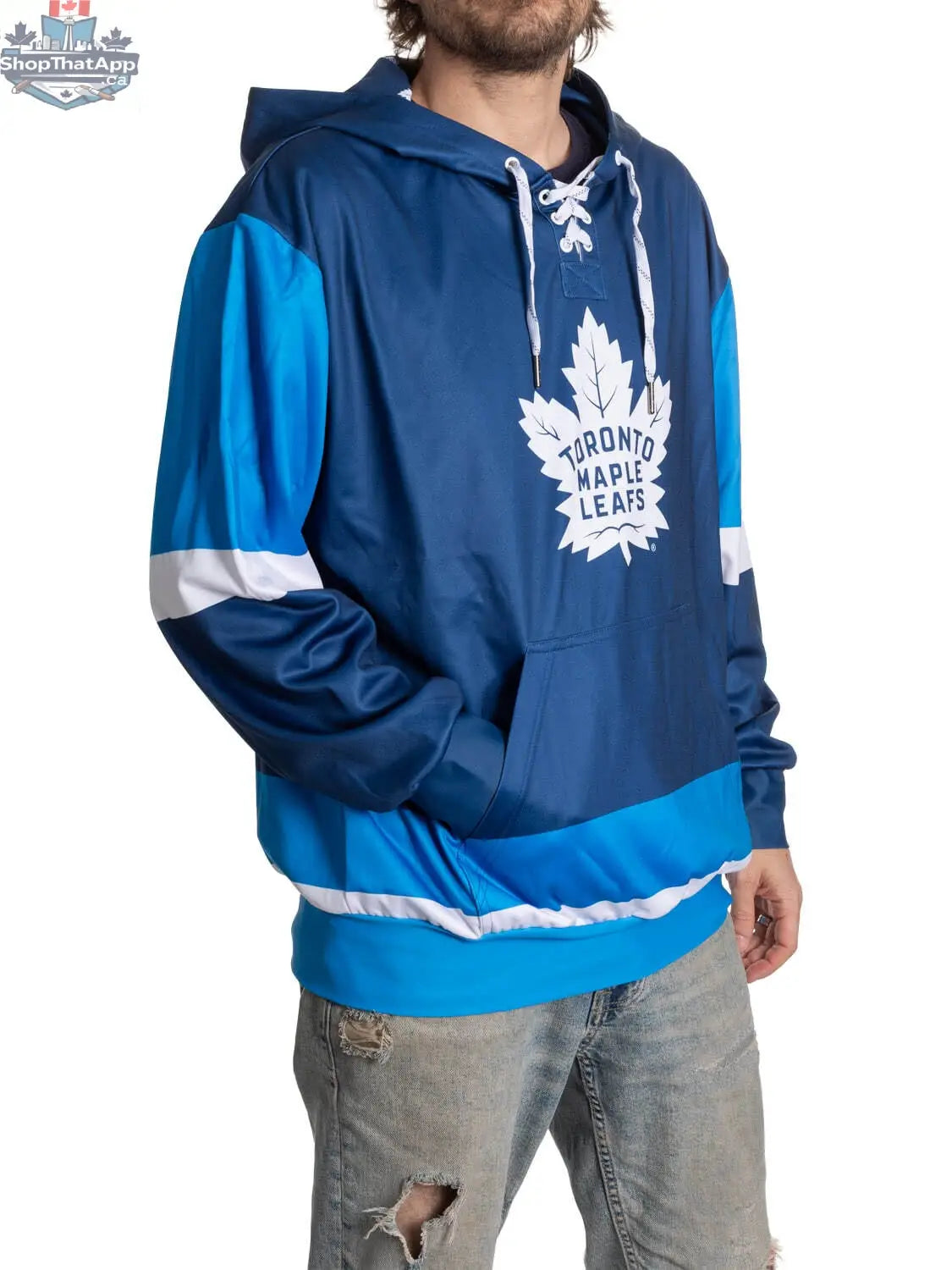 Toronto Maple Leafs hoodie by Calhoun Surf N' Skate, featuring team logo and sublimation design on a comfortable hoodie.