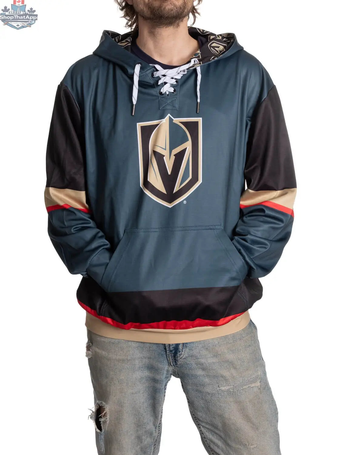 Calhoun Surf N' Skate Vegas Golden Knights hoodie with stylish lace design for fans, featuring team logo and vibrant gold colors.