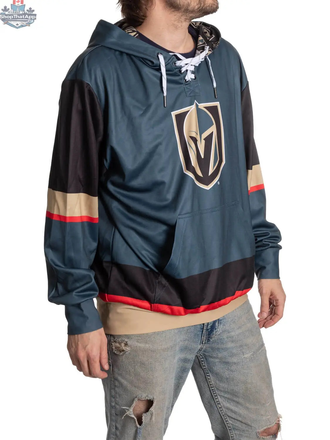 Golden Knights hoodie by Calhoun Surf N' Skate featuring a stylish lace design, shown from the side view.