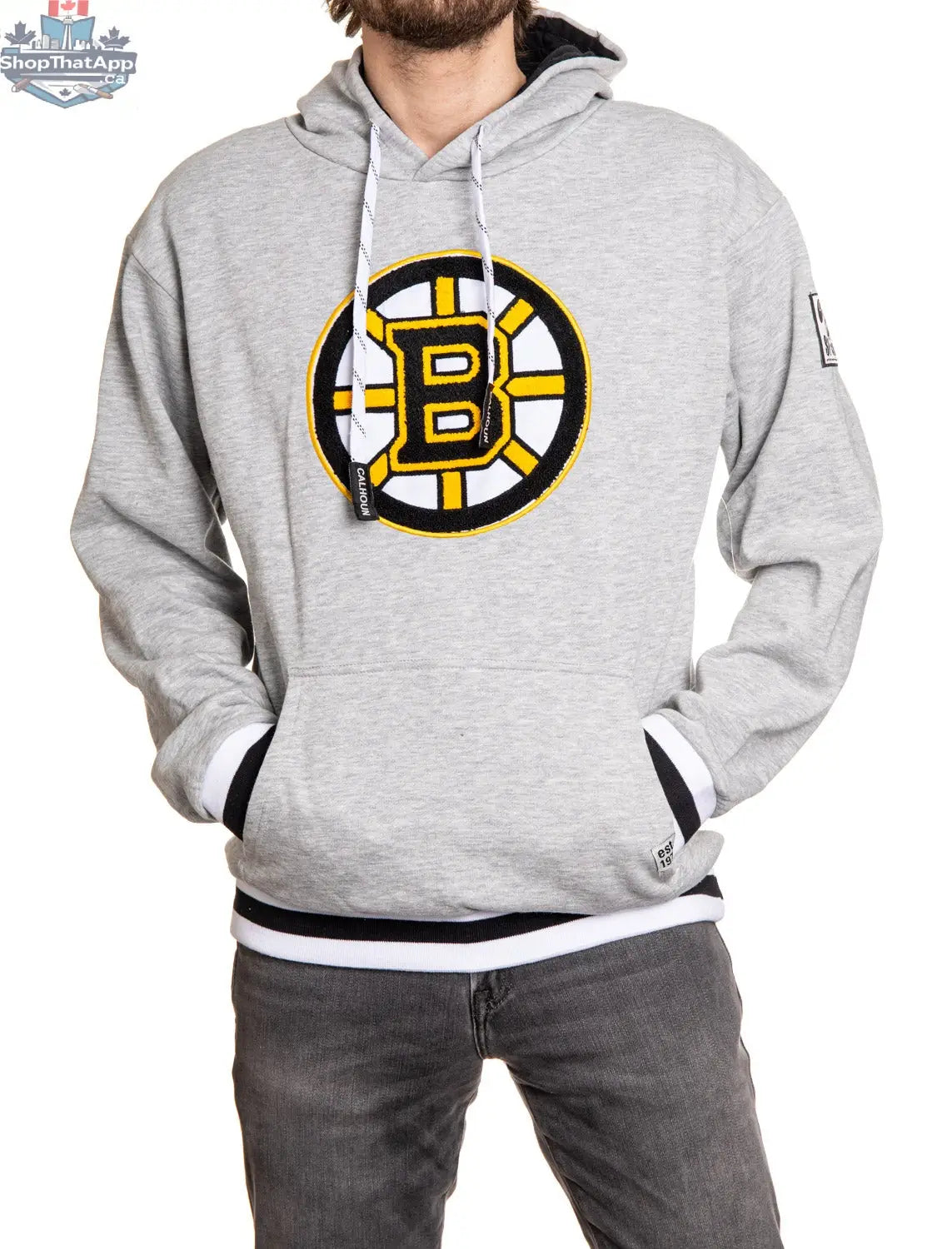 Boston Bruins chenille woven logo hoodie by Calhoun Surf N' Skate, featuring a cozy premium chenille fabric with Bruins branding.