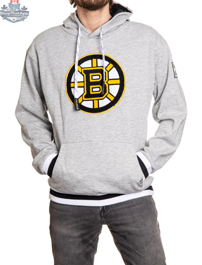 Boston Bruins chenille woven logo hoodie by Calhoun Surf N' Skate, featuring a cozy premium chenille fabric with Bruins branding.