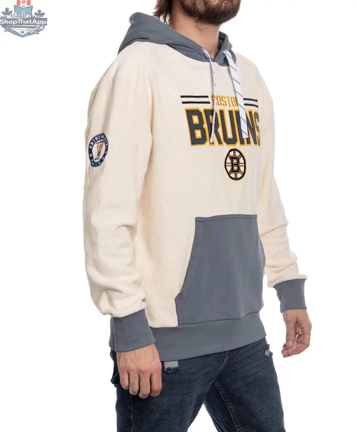 Unisex Boston Bruins retro hoodie by Calhoun Surf N' Skate, featuring a side view of the reverse terry fabric and team logo.
