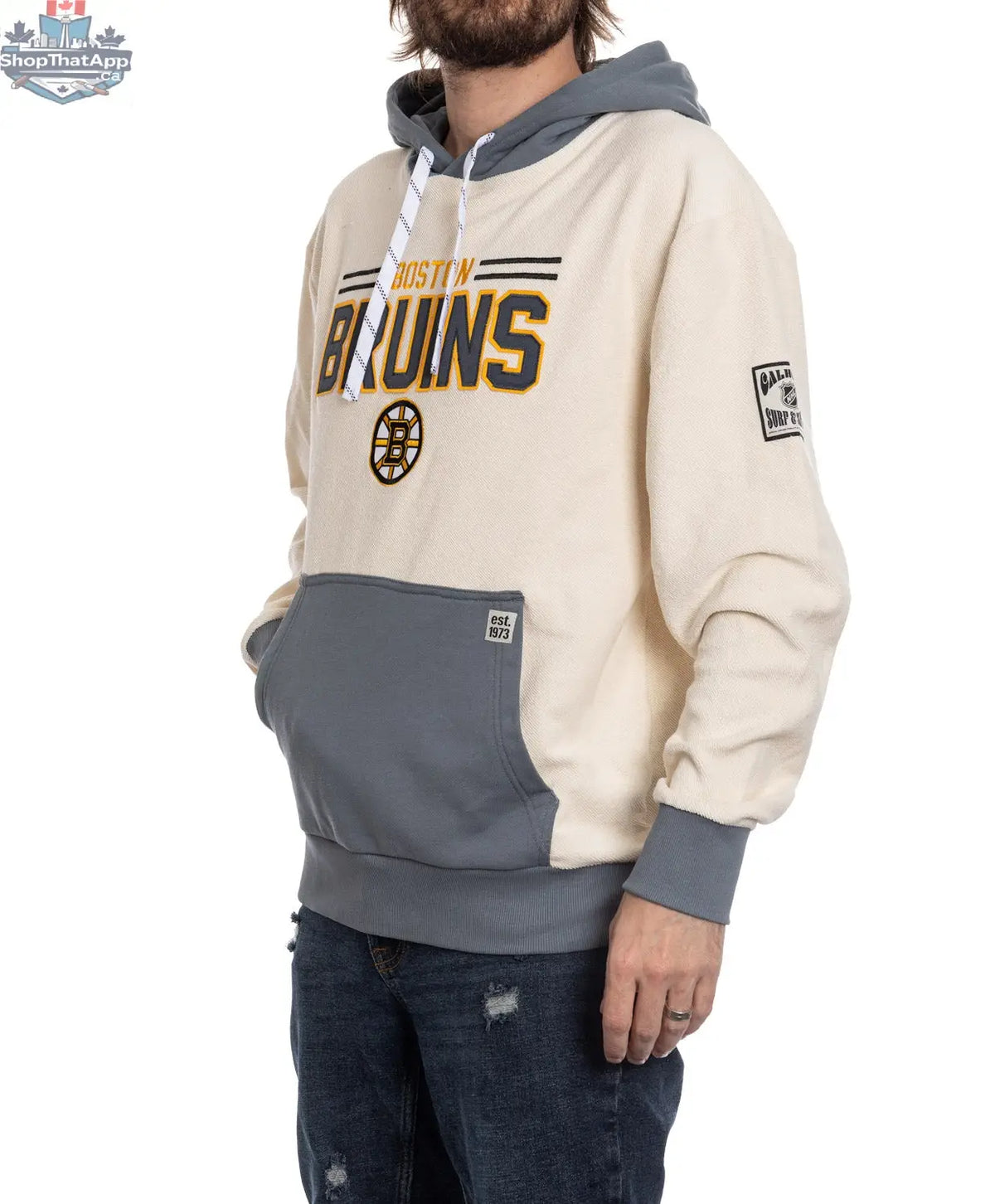 Unisex Boston Bruins retro hoodie by Calhoun Surf N' Skate, featuring vintage team logo on reverse terry fabric.