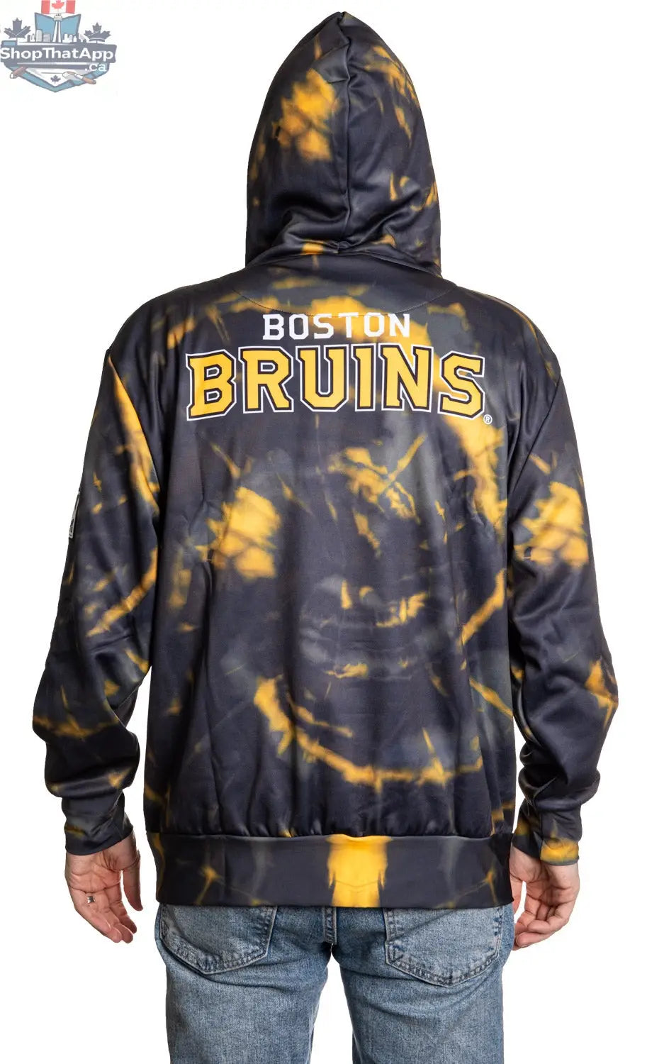 Boston Bruins sublimation hoodie by Calhoun Surf N' Skate, featuring a stylish, back-facing view of the graphic design.