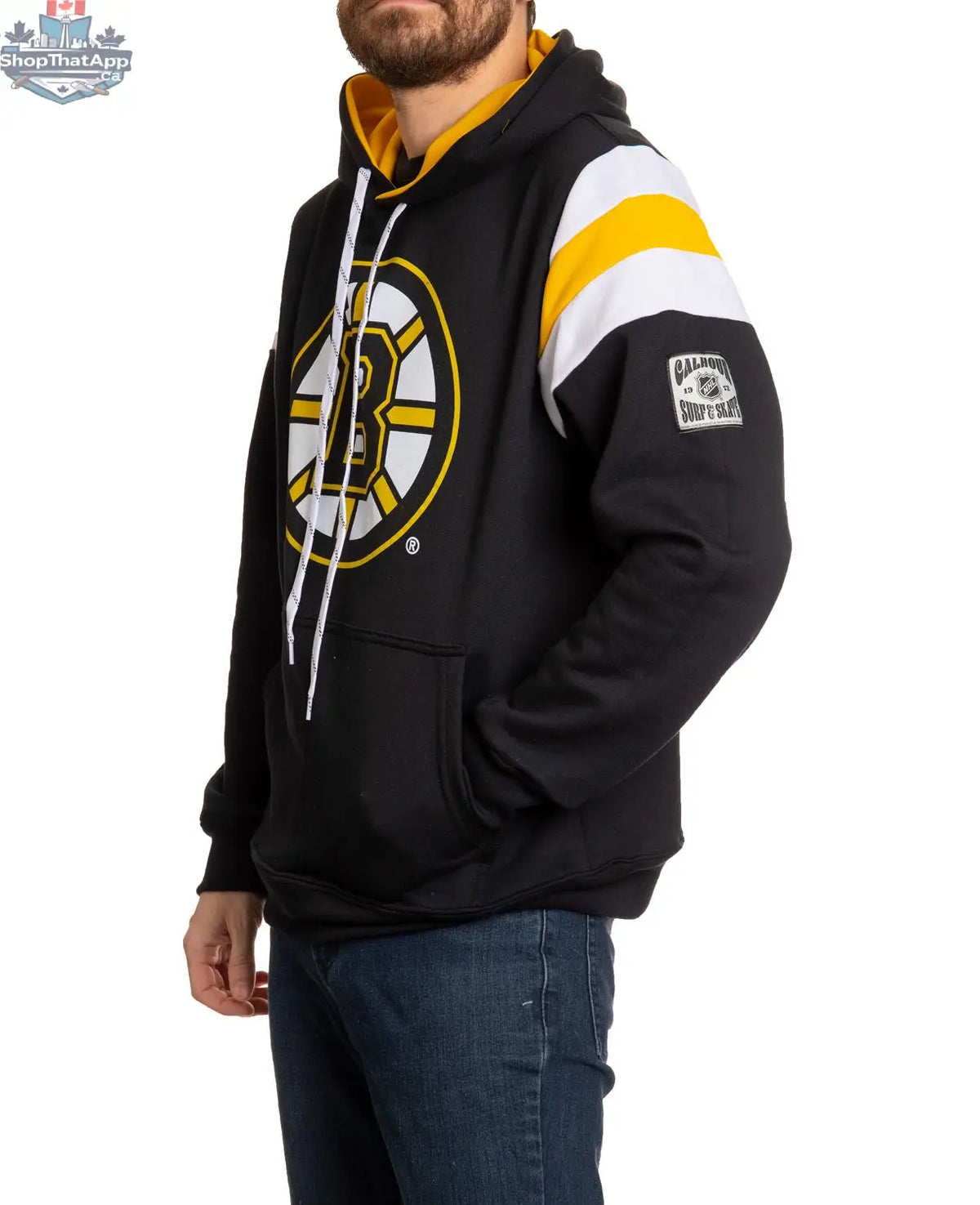 Boston Bruins varsity retro style hoodie by Calhoun Surf N' Skate, featuring team logo and classic hockey-inspired design.