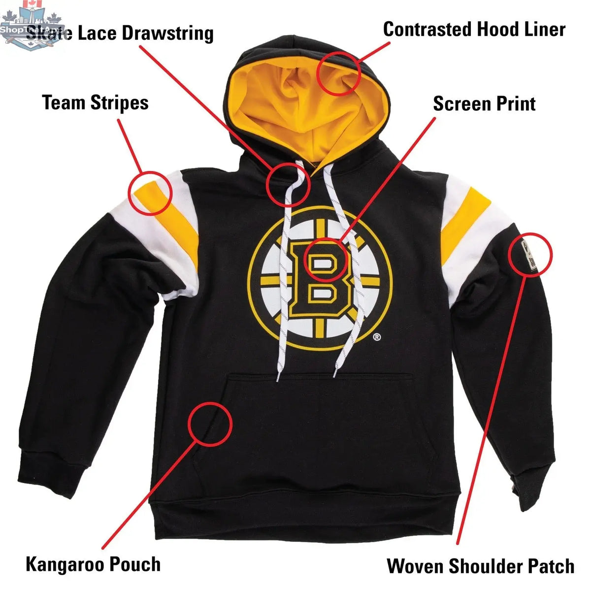 Boston Bruins varsity style hoodie by Calhoun Surf N' Skate, featuring classic team logo and retro design in soft fabric.