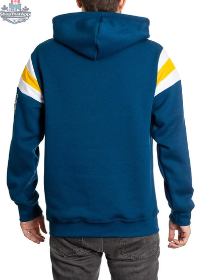 Buffalo Sabres hoodie with retro varsity design in navy and gold, featuring team logo on the back, by Calhoun Surf N' Skate.