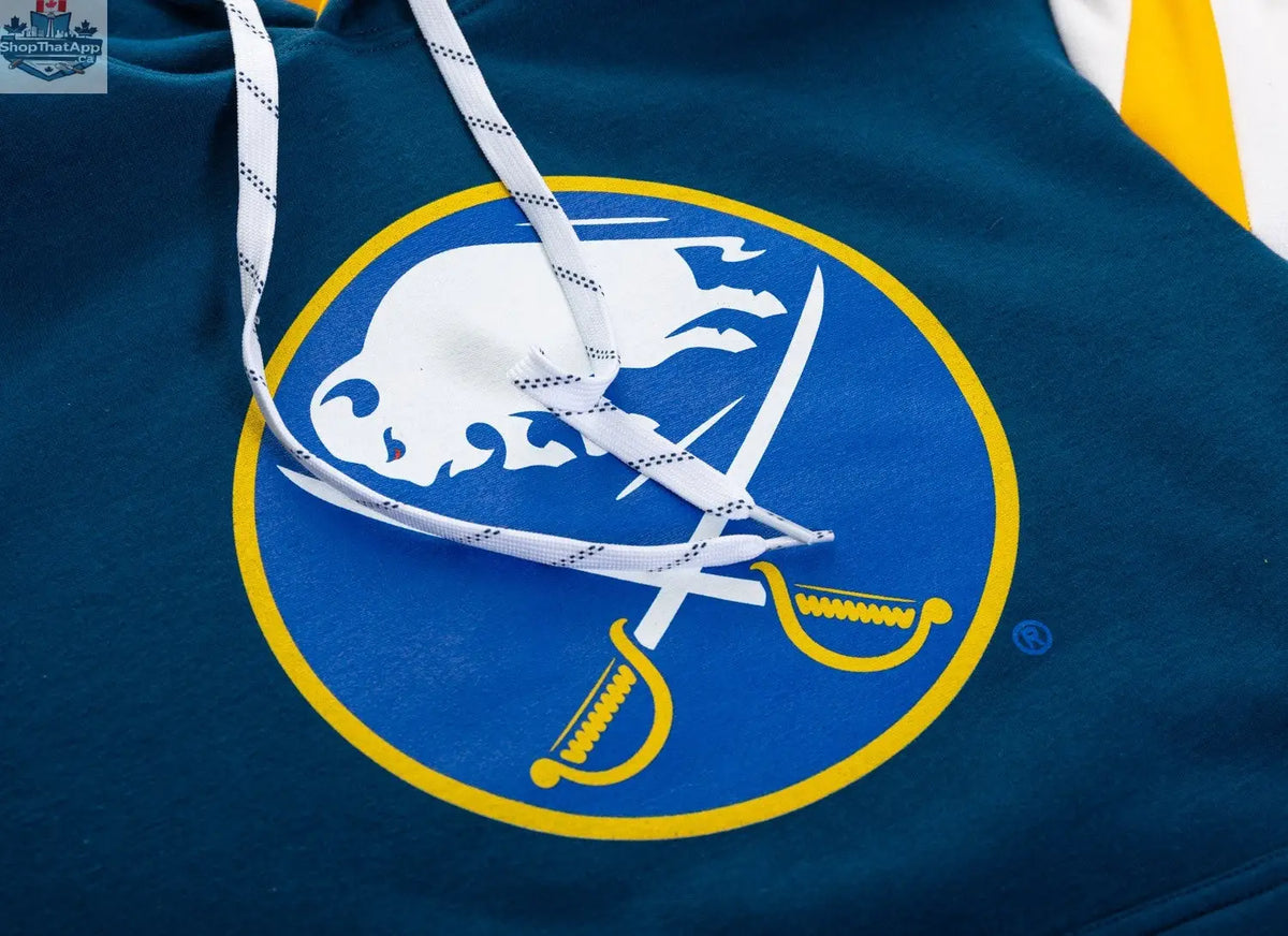 Buffalo Sabres hoodie with retro varsity style design, featuring team logo and bold lettering, by Calhoun Surf N' Skate.
