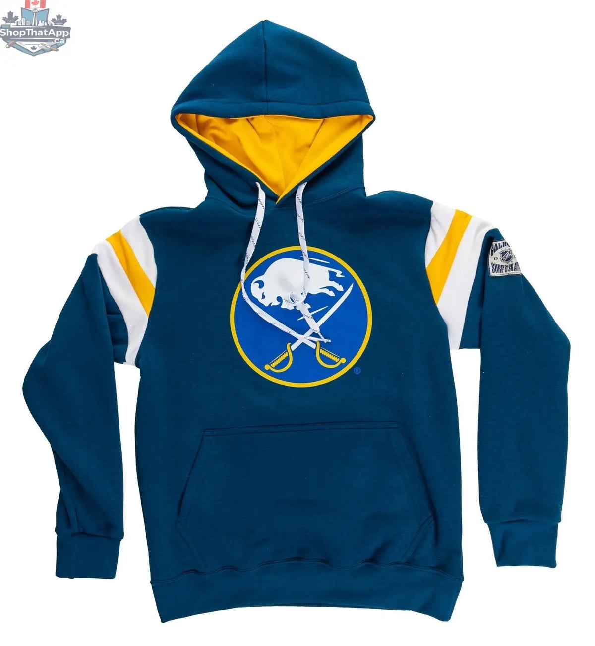 Buffalo Sabres retro varsity hoodie by Calhoun Surf N' Skate featuring team logo and classic varsity style in a flat view.