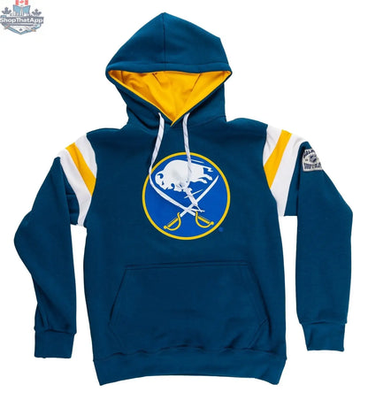 Buffalo Sabres retro varsity hoodie by Calhoun Surf N' Skate featuring team logo and classic varsity style in a flat view.