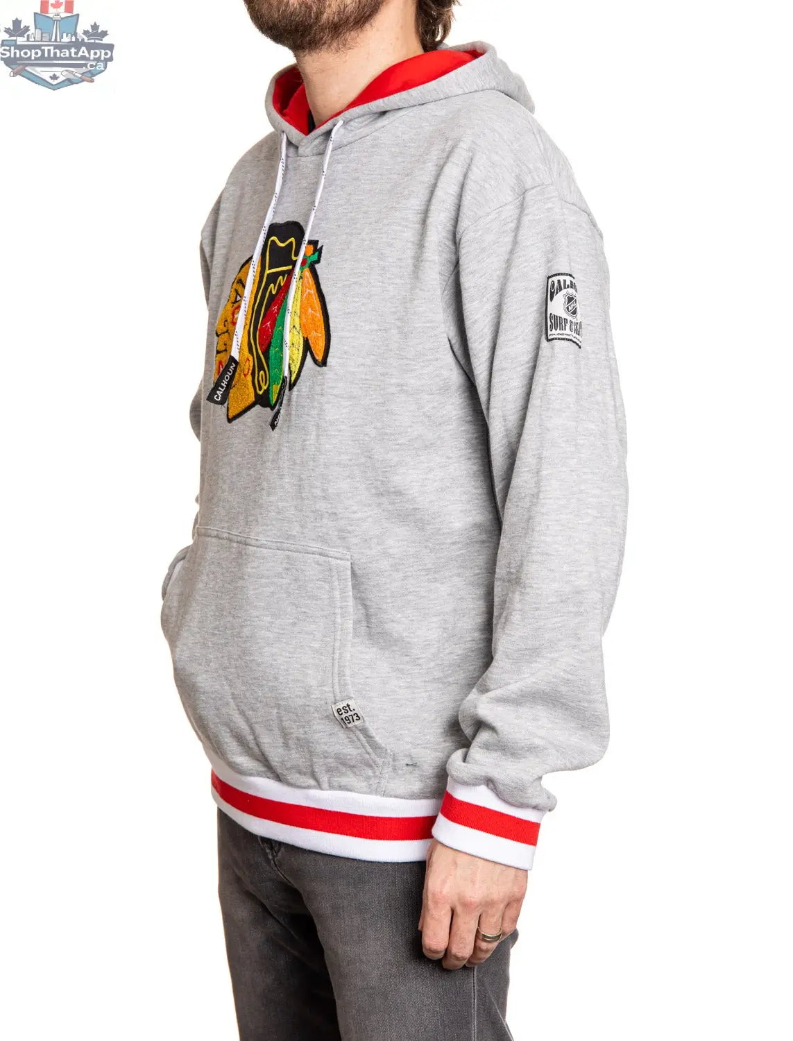 Chicago Blackhawks hoodie featuring a muskoka style premium chenille woven logo, shown from the side in this Calhoun Surf N' Skate image.