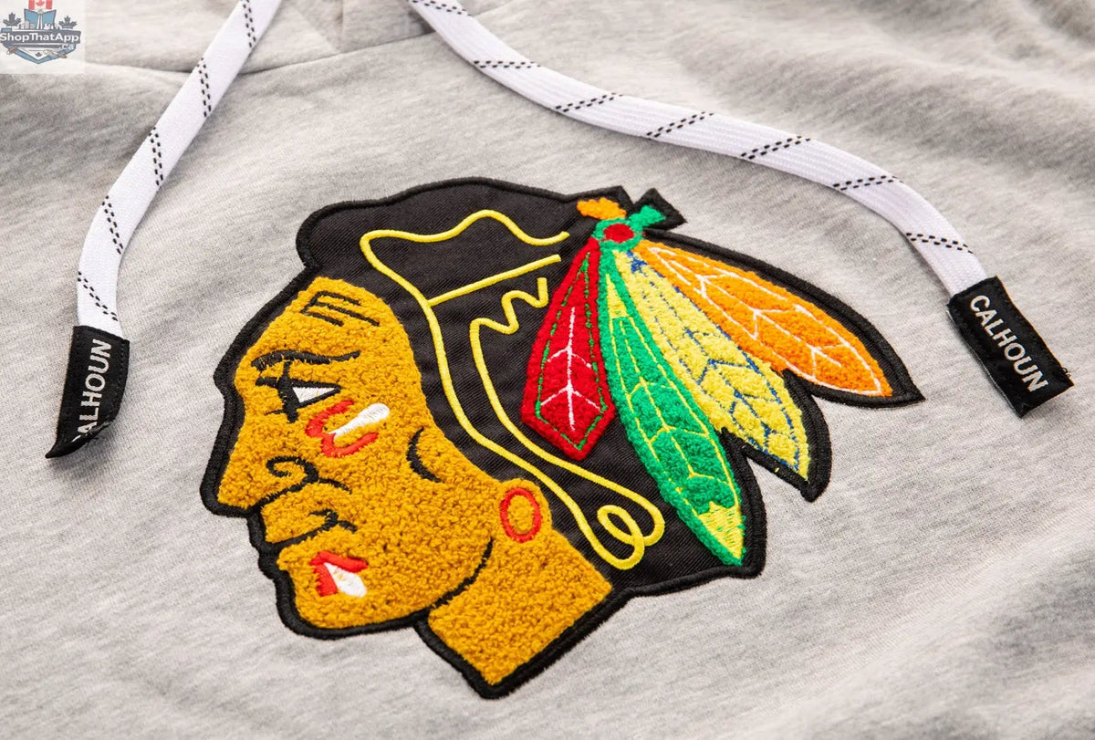 Chicago Blackhawks hoodie by Calhoun Surf N' Skate featuring a woven logo and muskoka-style chenille detailing.
