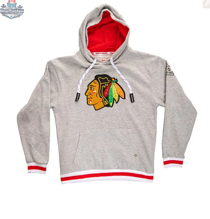 Chicago Blackhawks hoodie with muskoka-style premium chenille woven logo, soft fabric, and casual fit by Calhoun Surf N' Skate.