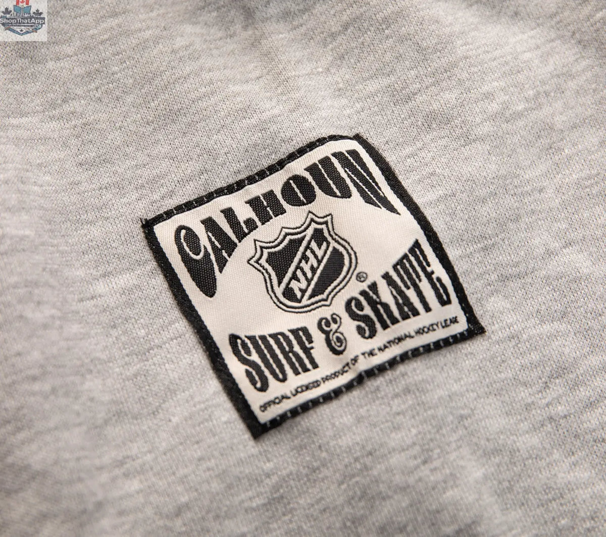 Chicago Blackhawks hoodie with Muskoka-style premium chenille woven logo, featuring a Calhoun Surf N' Skate brand jocktag.