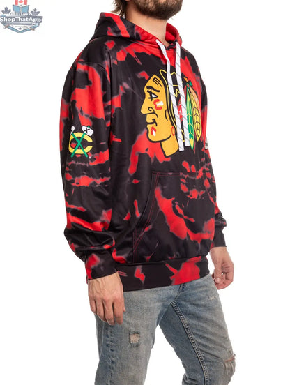 Chicago Blackhawks hoodie by Calhoun Surf N' Skate with sublimation design, showing side view of the black and red hoodie.