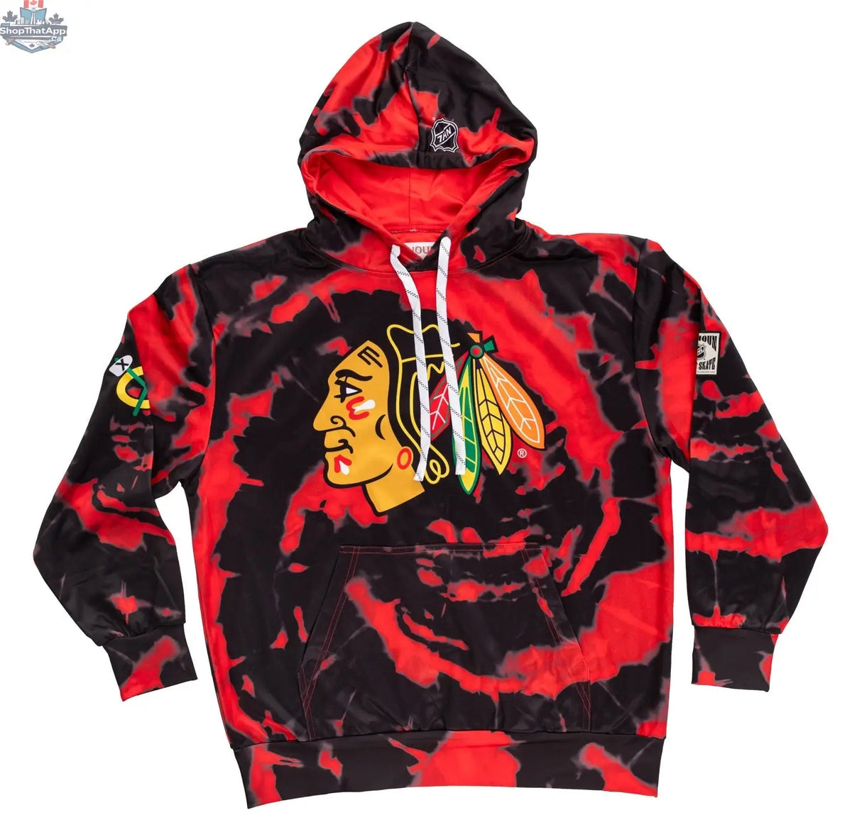 Chicago Blackhawks hoodie by Calhoun Surf N' Skate featuring vibrant sublimation design, shown flat with front view.