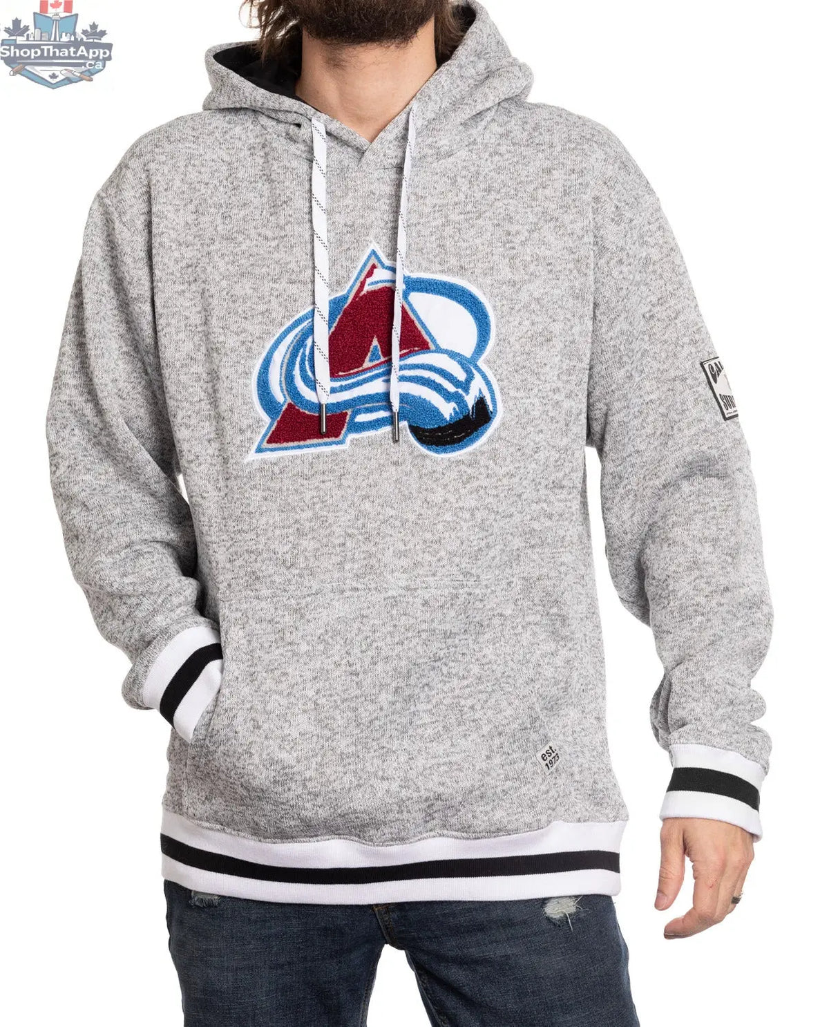 Colorado Avalanche hoodie by Calhoun Surf N' Skate featuring a woven chenille logo on a cozy hoodie.