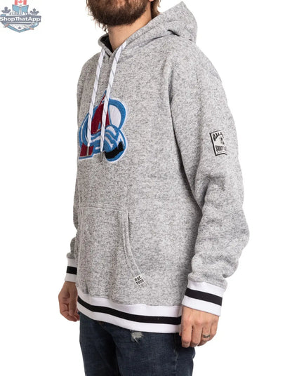 Calhoun Surf N' Skate Colorado Avalanche hoodie with muskoka-style chenille woven logo, showing side view of the hoodie.