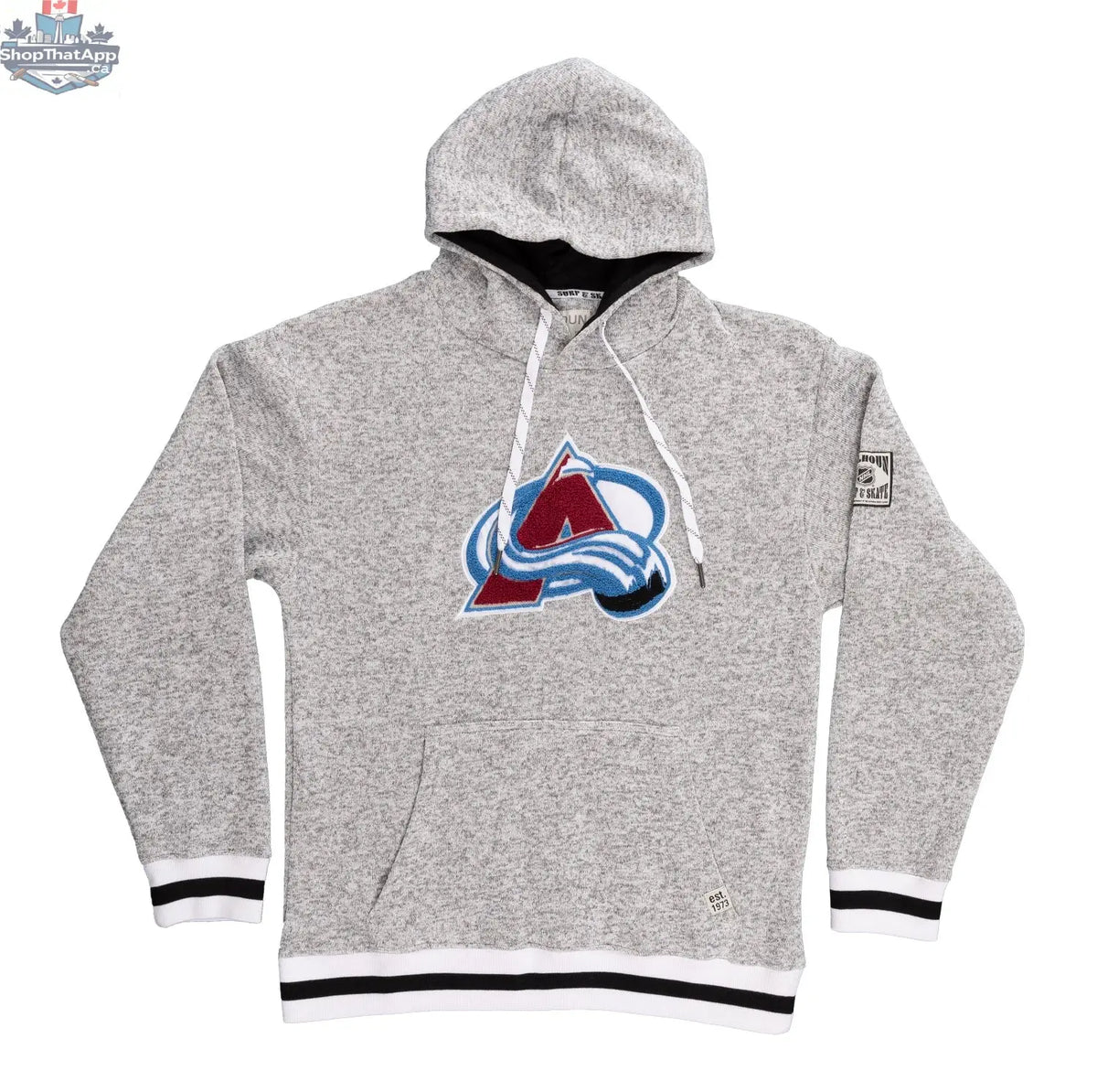 Calhoun Surf N' Skate Colorado Avalanche hoodie with muskoka-style premium chenille woven logo, shown flat.