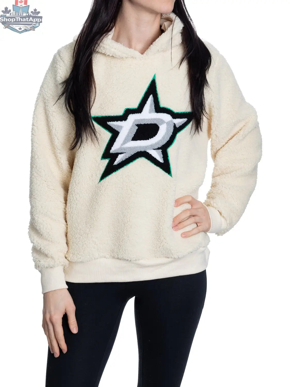Dallas Stars ladies' sherpa hoodie with plush chenille logo, soft and warm Calhoun Surf N' Skate apparel, shown in the image.