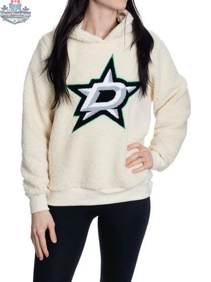Dallas Stars ladies' sherpa hoodie with plush chenille logo, soft and warm Calhoun Surf N' Skate apparel, shown in the image.