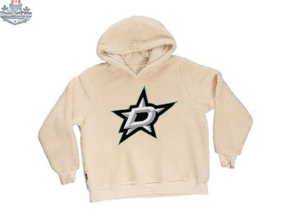 Ladies Dallas Stars Sherpa hoodie with plush chenille logo, soft interior, and comfortable fit from Calhoun Surf N' Skate.