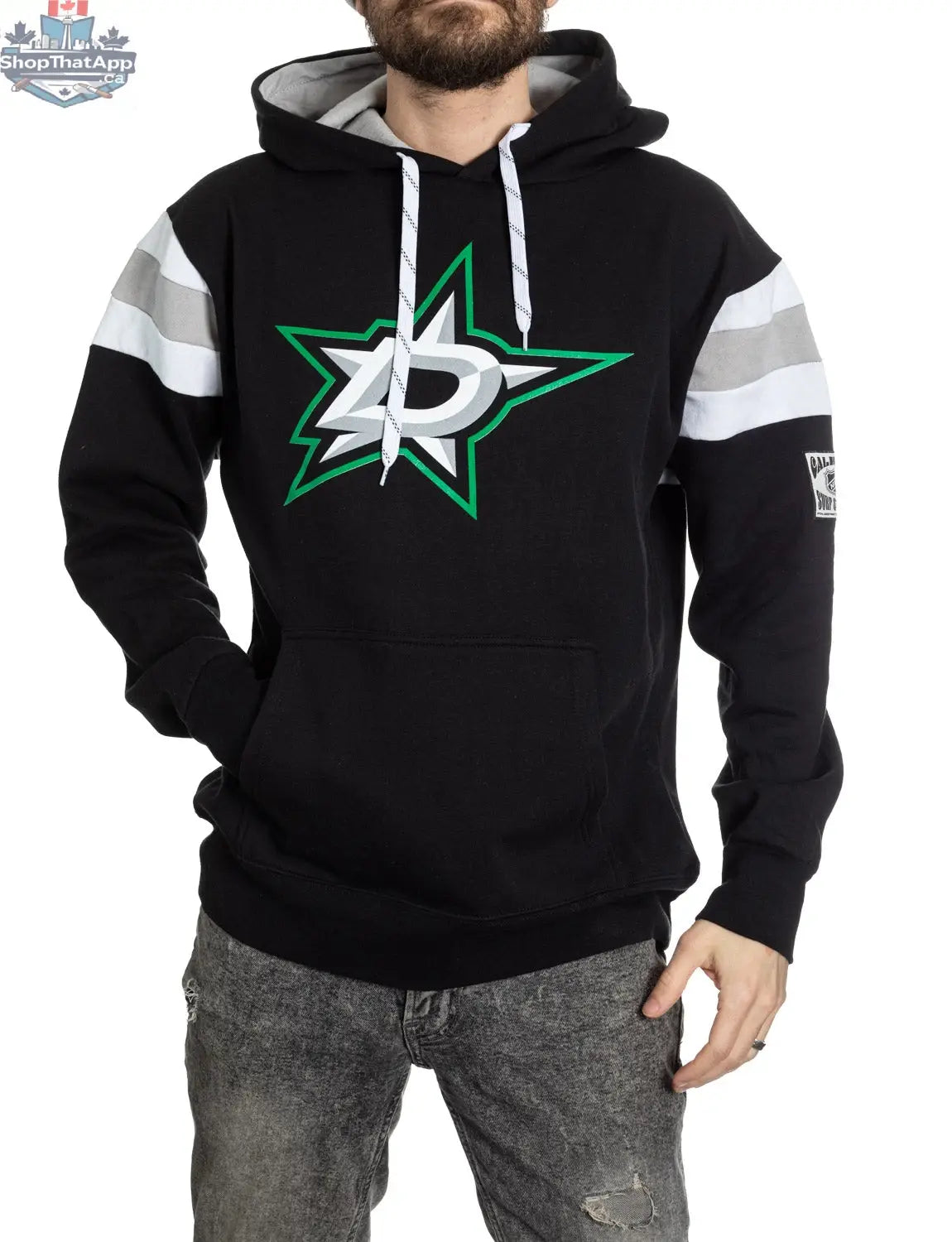 Dallas Stars varsity retro style hoodie by Calhoun Surf N' Skate featuring team logo and classic design, perfect for fans.
