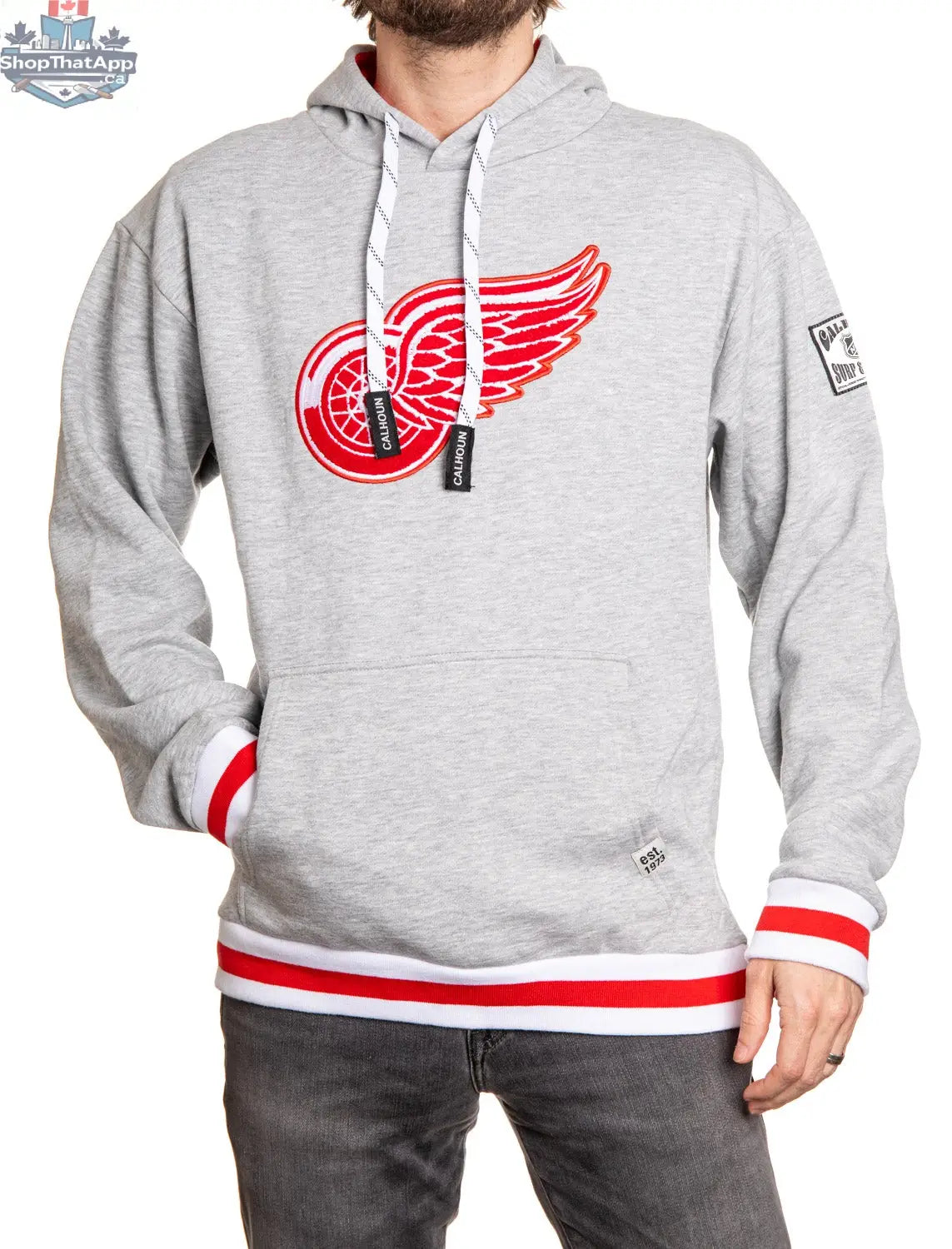 Detroit Red Wings hoodie by Calhoun Surf N' Skate featuring a premium chenille woven logo in Muskoka style, official NHL merchandise.