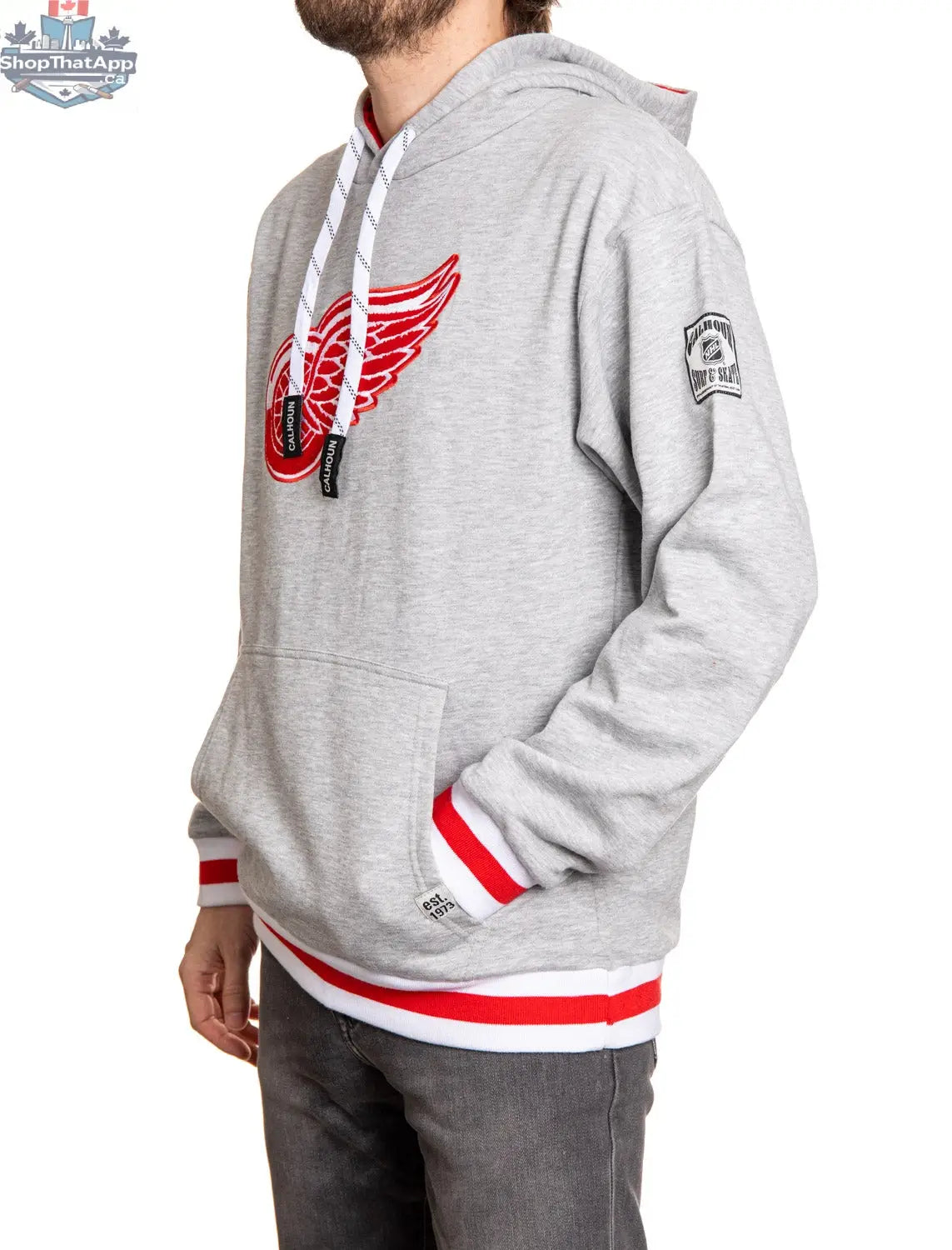Detroit Red Wings hoodie by Calhoun Surf N' Skate featuring a chenille woven logo on the side, official NHL merchandise.