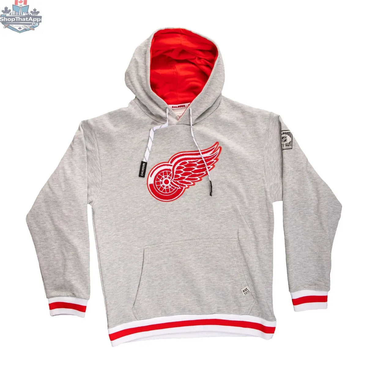 Detroit Red Wings hoodie by Calhoun Surf N' Skate featuring a premium chenille woven Detroit logo on a soft, comfortable NHL merchandise hoodie.
