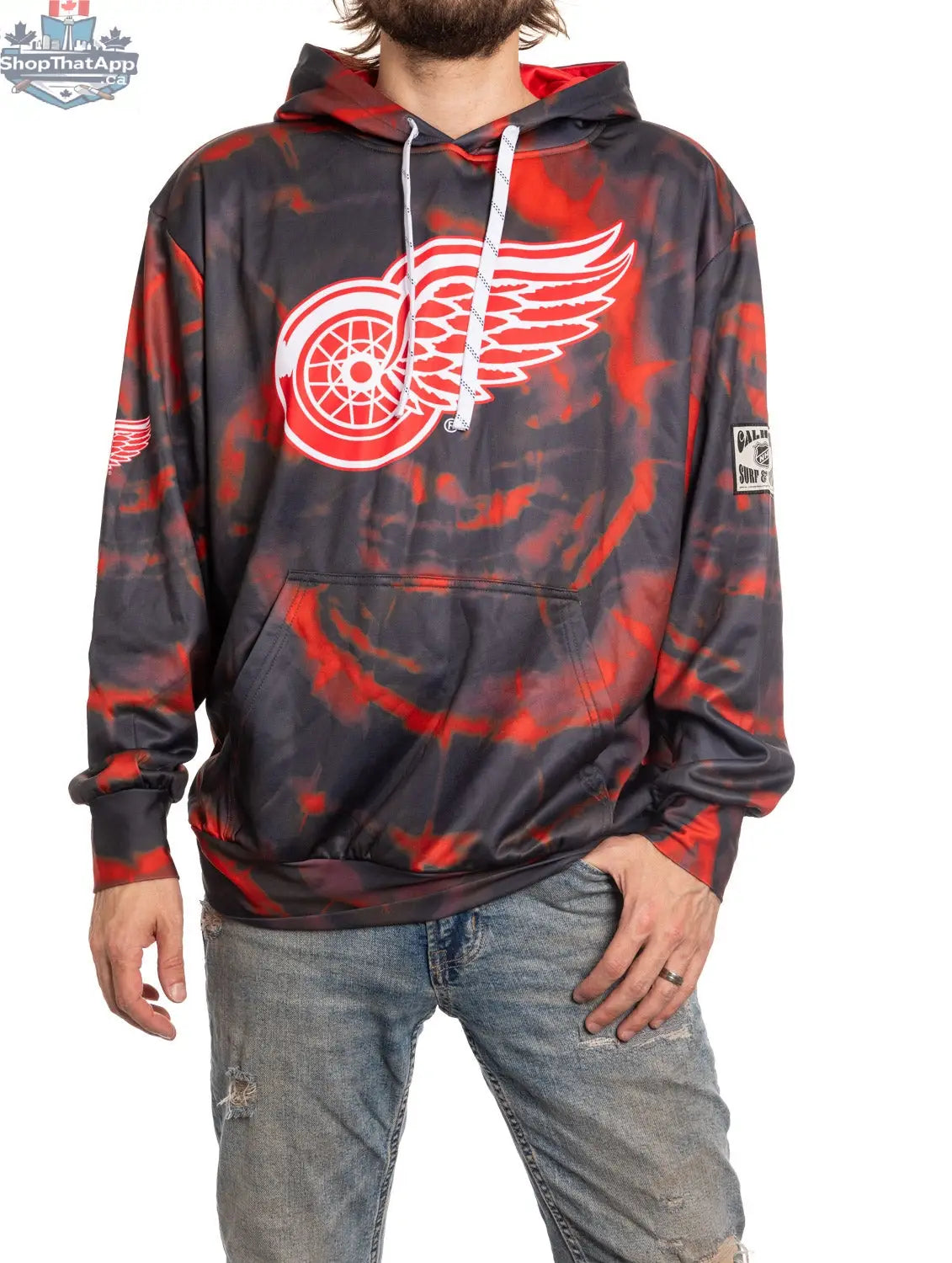 Detroit Red Wings hoodie by Calhoun Surf N' Skate featuring vibrant sublimation graphics and team logo on soft fabric.