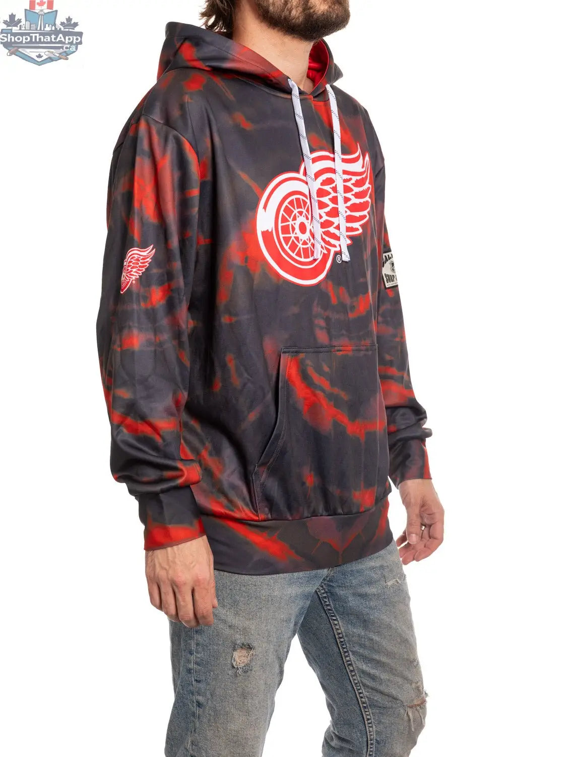 Detroit Red Wings hoodie by Calhoun Surf N' Skate featuring a sublimation design, shown from the side with team logo and vibrant colors.