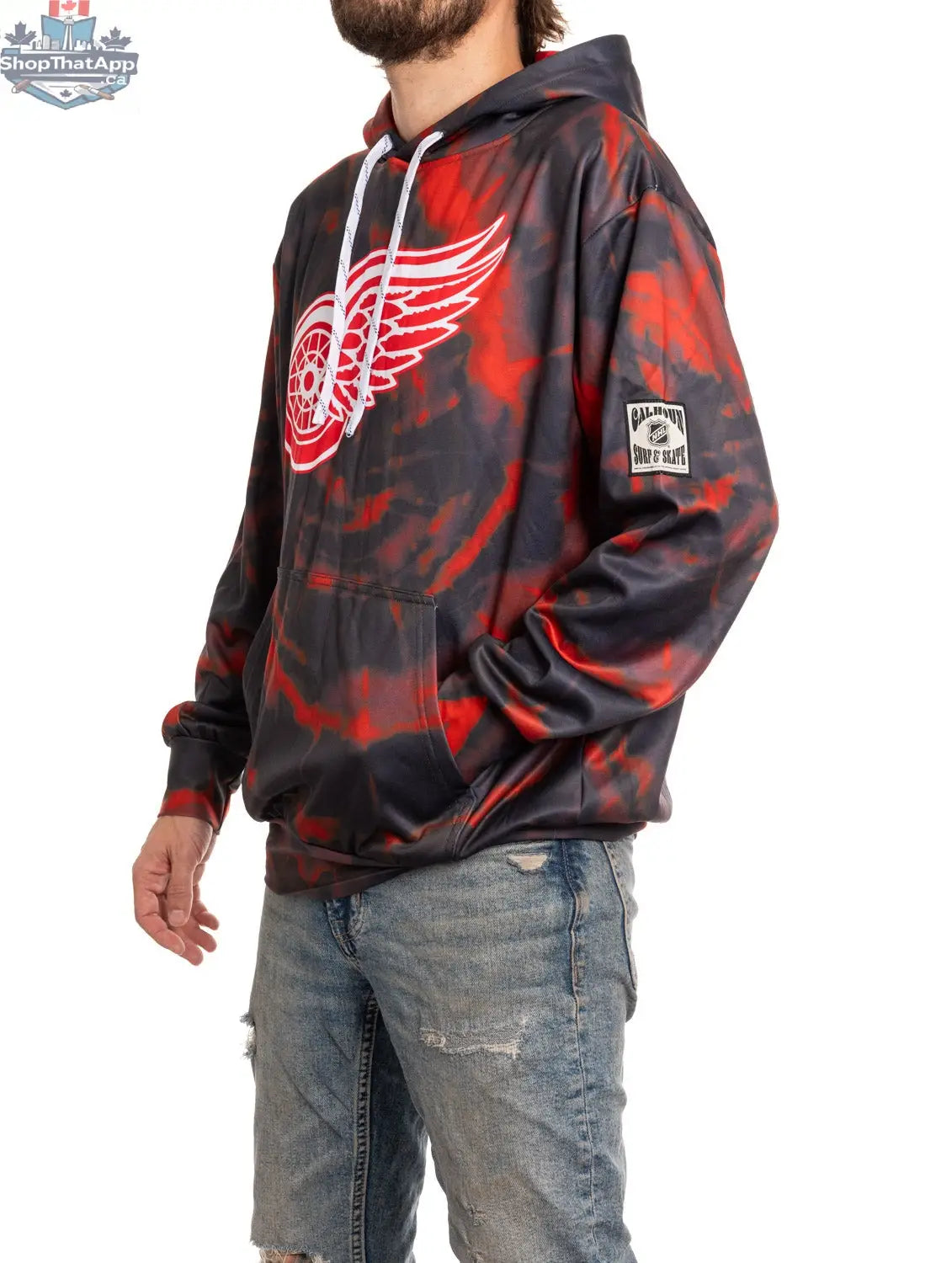 Detroit Red Wings hoodie from Calhoun Surf N' Skate featuring sublimation design, shown from the side angle, ideal for fans.