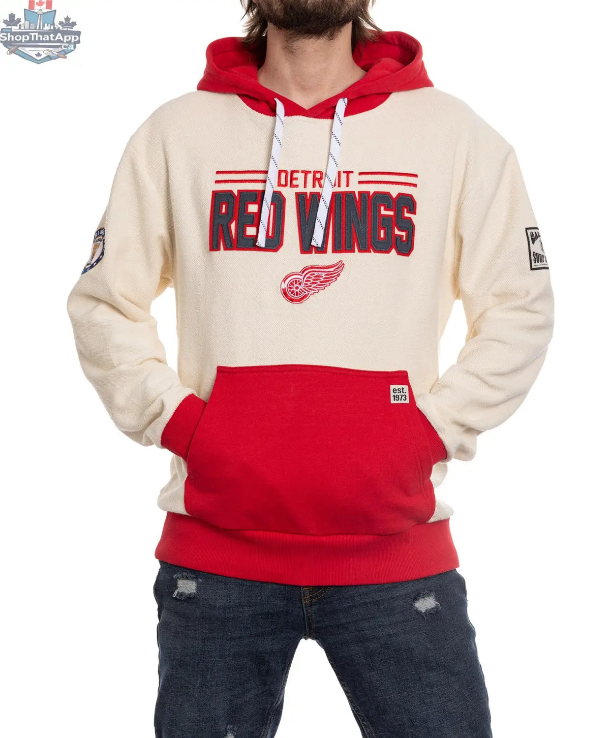 Red Detroit Red Wings hoodie by Calhoun Surf N' Skate featuring reverse terry fabric and retro design, unisex fit.