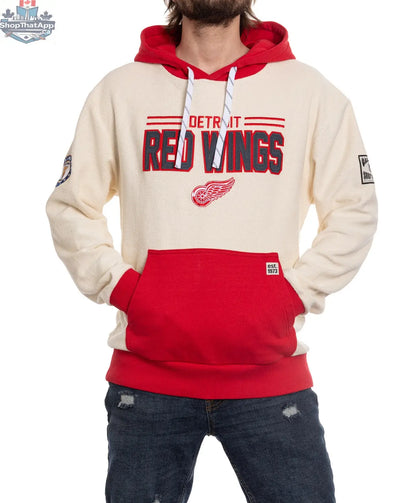Red Detroit Red Wings hoodie by Calhoun Surf N' Skate featuring reverse terry fabric and retro design, unisex fit.