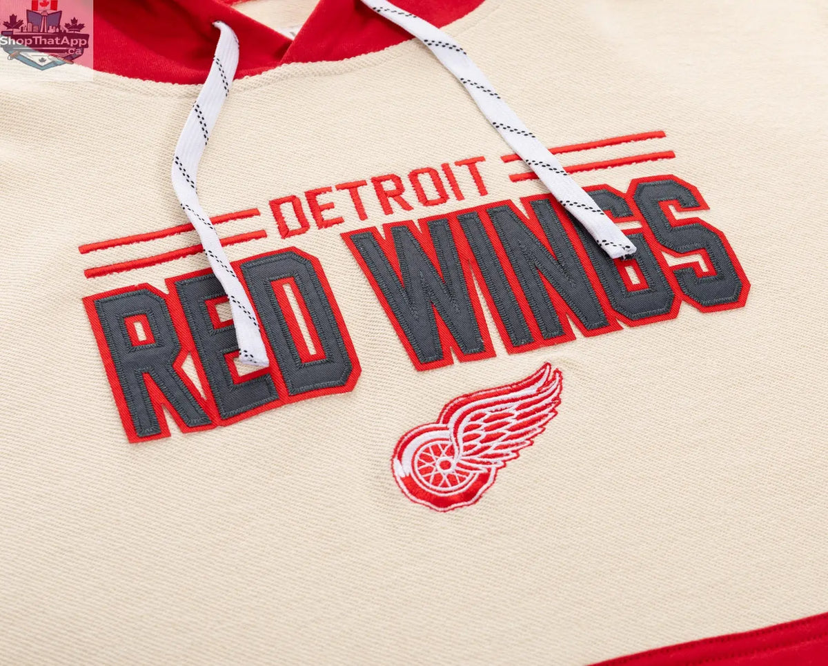 Red Detroit Red Wings hoodie by Calhoun Surf N' Skate featuring reverse terry fabric and retro design, shown in a detailed view.