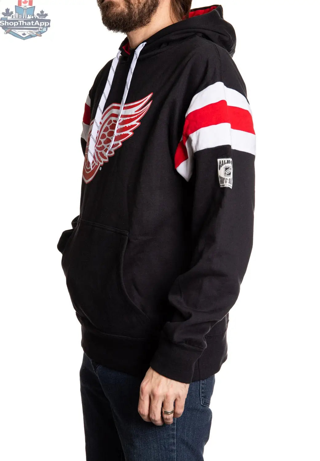 Detroit Red Wings varsity-style hoodie by Calhoun Surf N' Skate, featuring classic team logo and retro design on the front.