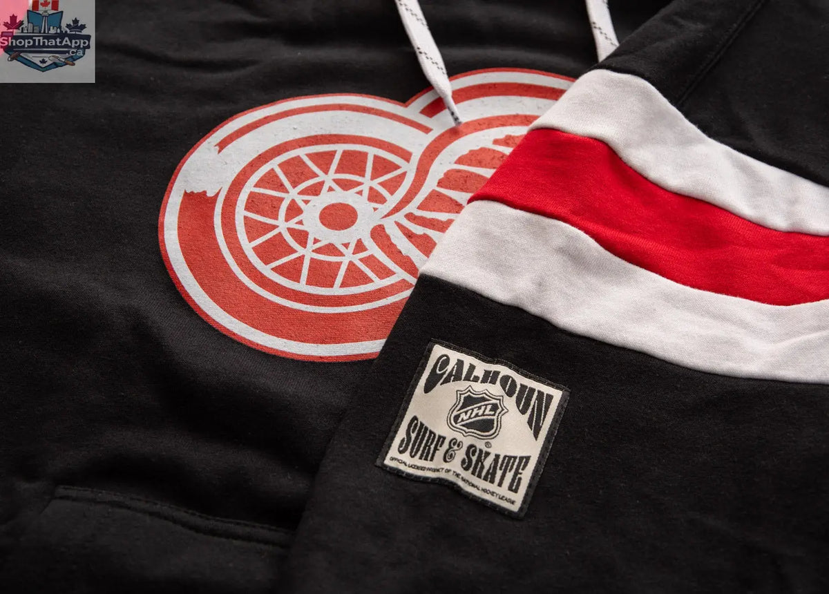 Detroit Red Wings varsity-style hoodie by Calhoun Surf N' Skate, featuring team logo and retro design details.