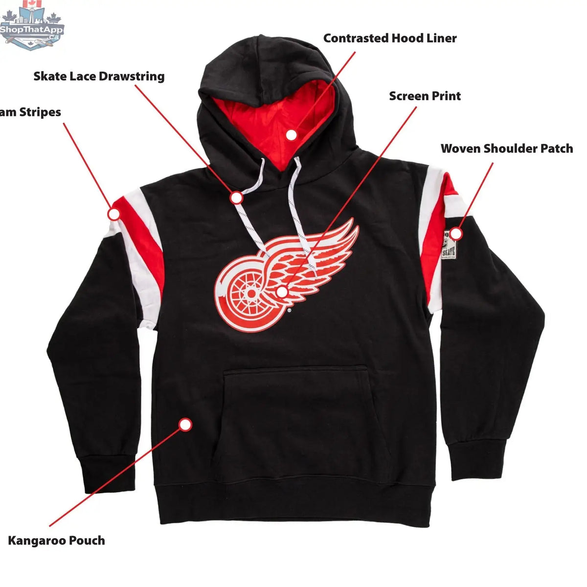 Detroit Red Wings varsity style hoodie by Calhoun Surf N' Skate, featuring team logo and retro sports design.