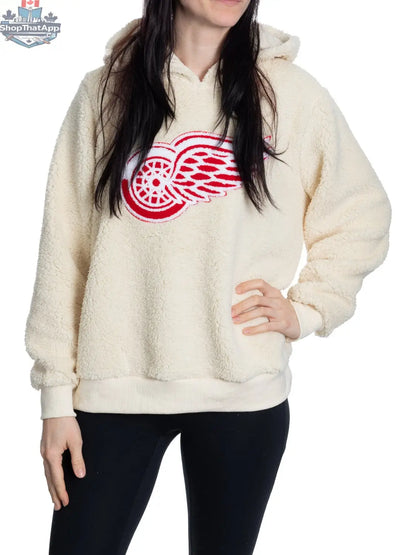 Ladies Detroit Red Wings sherpa hoodie by Calhoun Surf N' Skate featuring a premium chenille logo on a red background.