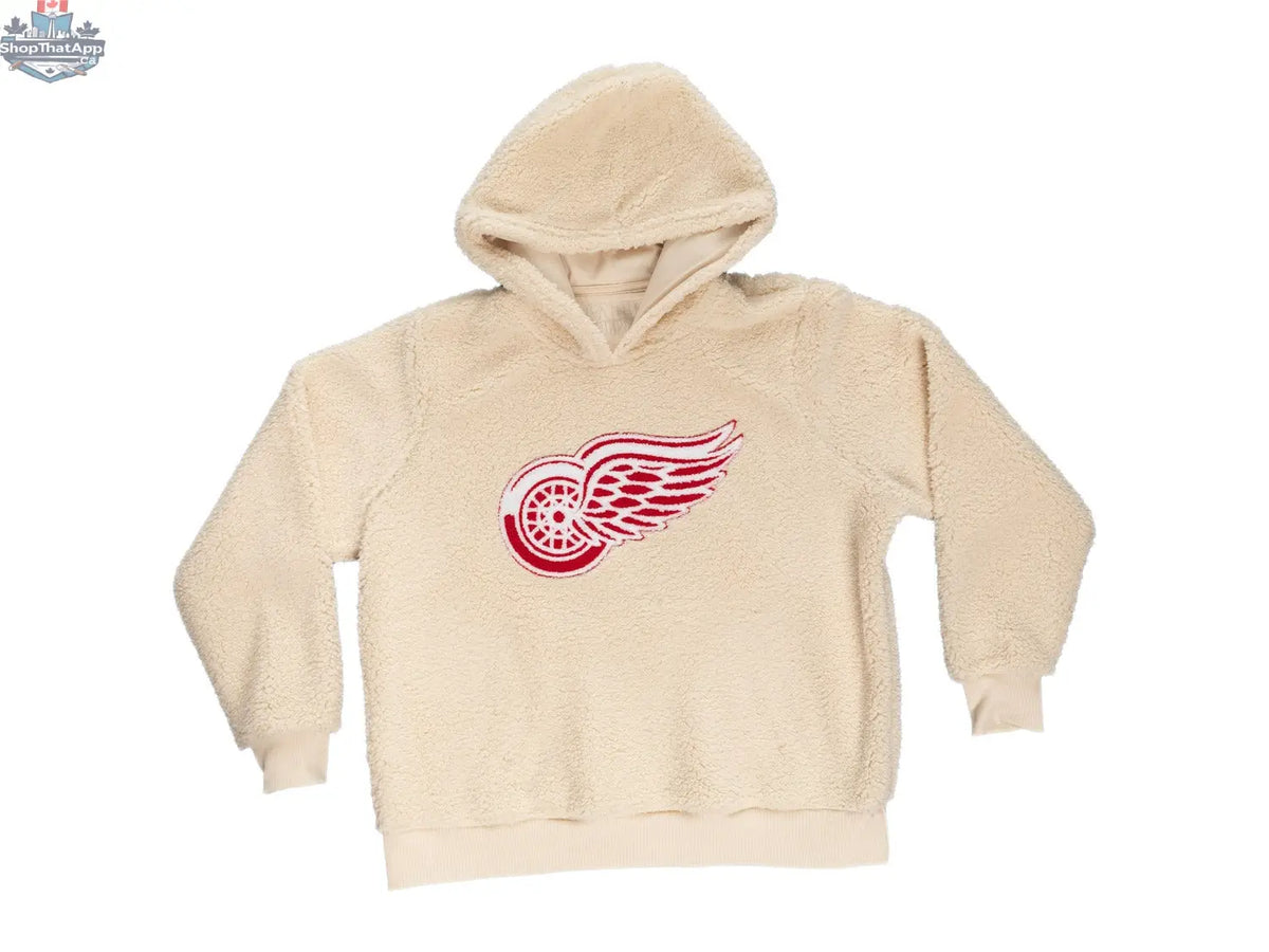 Red Detroit Red Wings sherpa hoodie for women with Calhoun Surf N' Skate premium chenille logo, soft and cozy fleece material.