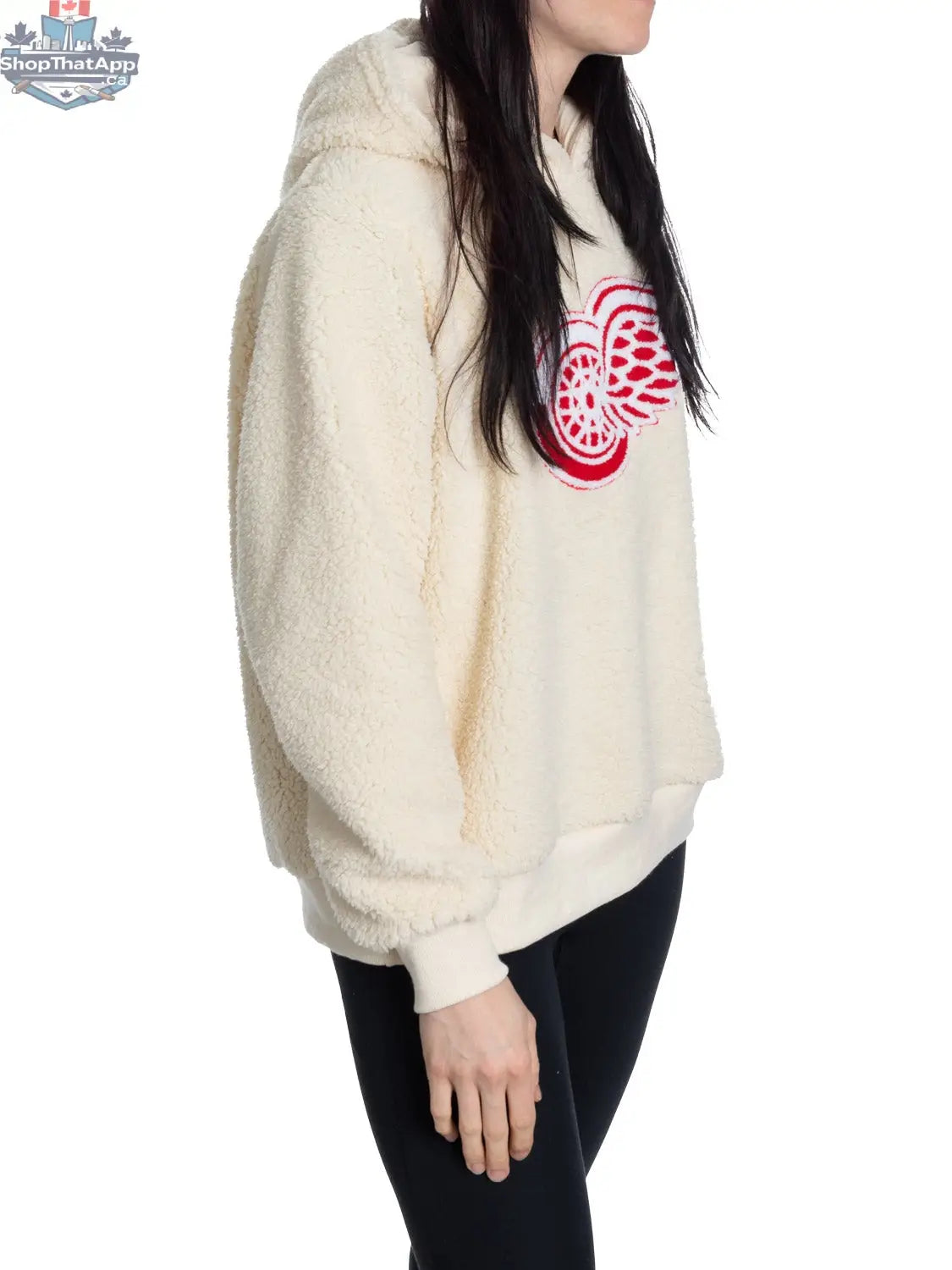 Red Detroit Red Wings Sherpa hoodie for ladies with premium chenille logo, featuring soft fleece material and team branding.