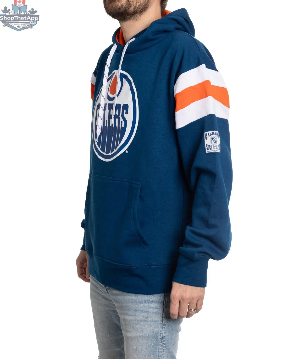 Edmonton Oilers retro varsity hoodie by Calhoun Surf N' Skate, featuring team logo and classic athletic style for fans.